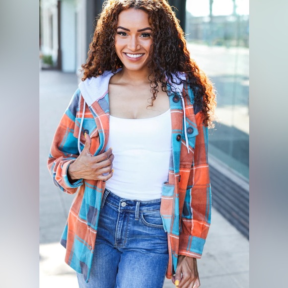 Teal Blue, & Orange Plaid Button Down Hooded Flannel, Medium Shacket, USA Made - Picture 3 of 14